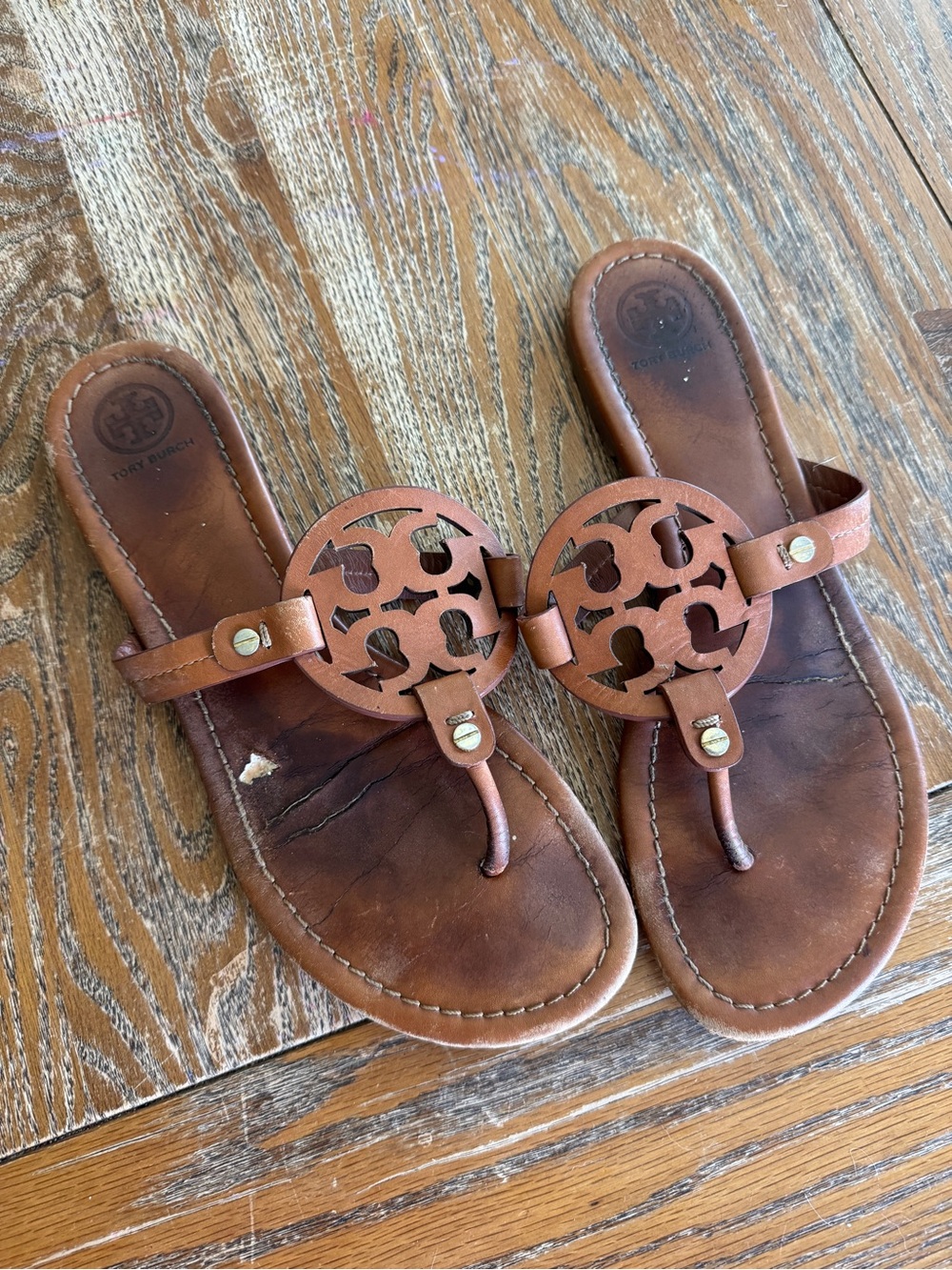 Tory Burch Brown Leather Logo Thong Sandals